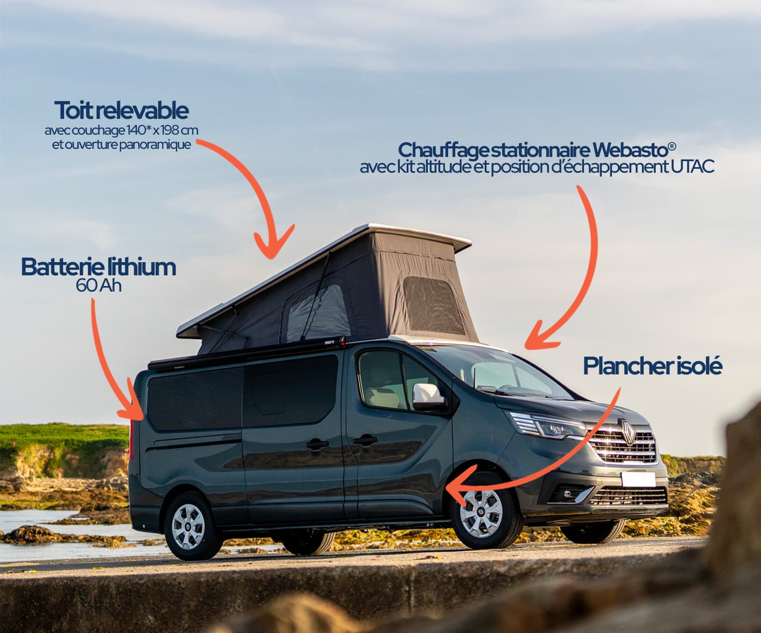Van aménagé par L'Atelier Glénan — toit relevable, chauffage Webasto, batterie lithium, plancher isolé